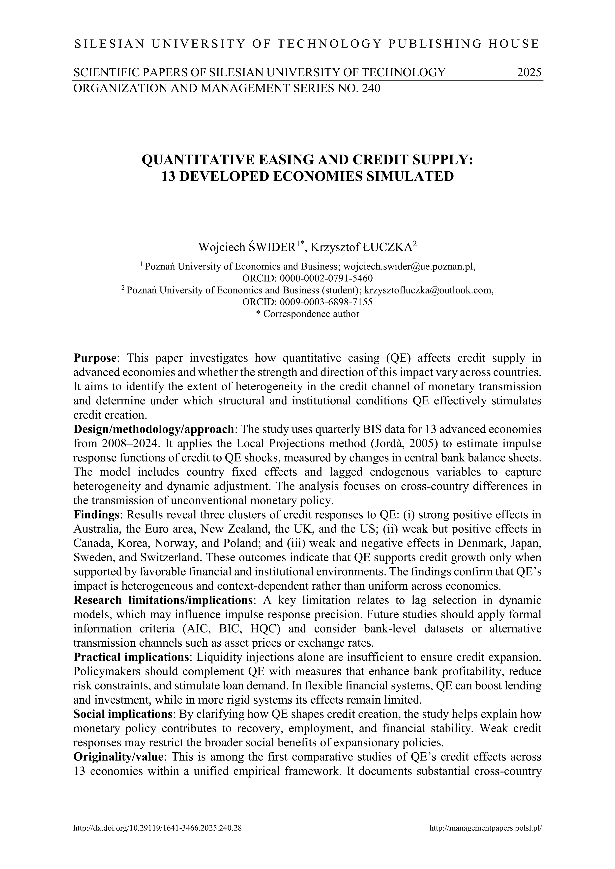 QUANTITATIVE EASING AND CREDIT SUPPLY: 13 DEVELOPED ECONOMIES SIMULATED
